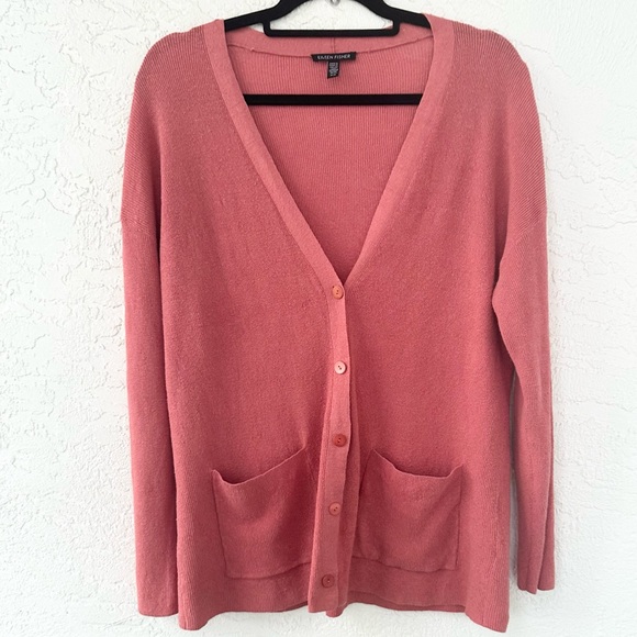 Eileen Fisher Cardigan Long Sleeve Coral Medium Organic Linen Blend - Picture 2 of 5